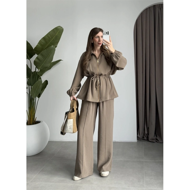 Tünelli Beli Büzgülü Premium Haki Takım