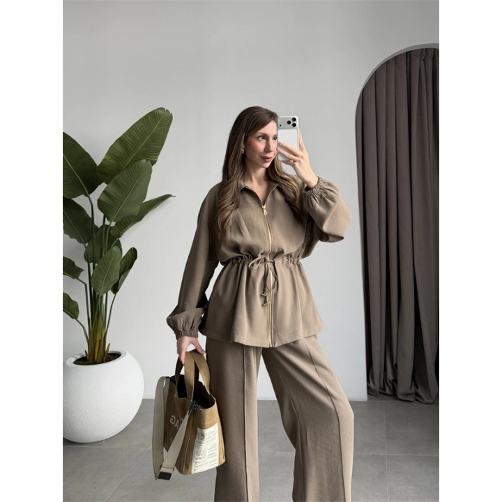 Tünelli Beli Büzgülü Premium Haki Takım