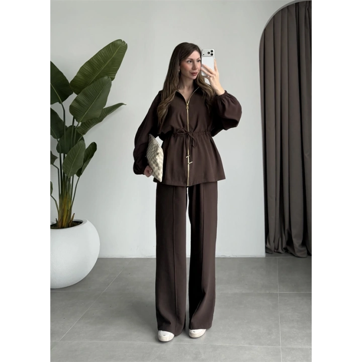 Tünelli Beli Büzgülü Premium Kahve Takım