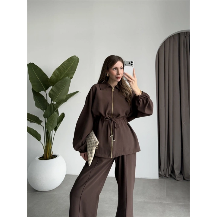 Tünelli Beli Büzgülü Premium Kahve Takım