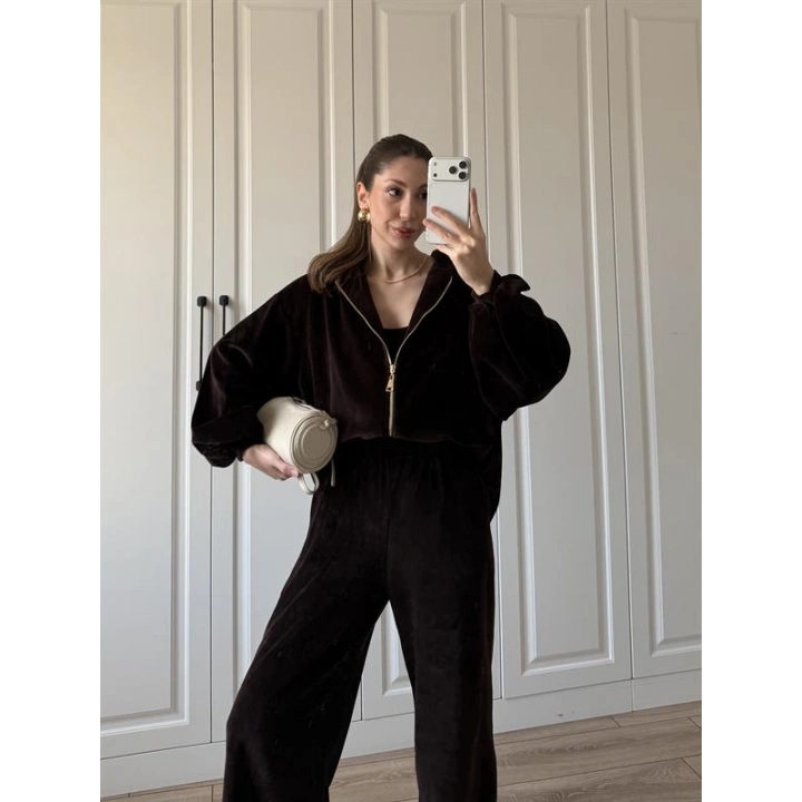 Üçlü Premium Kahve Kadife Takım