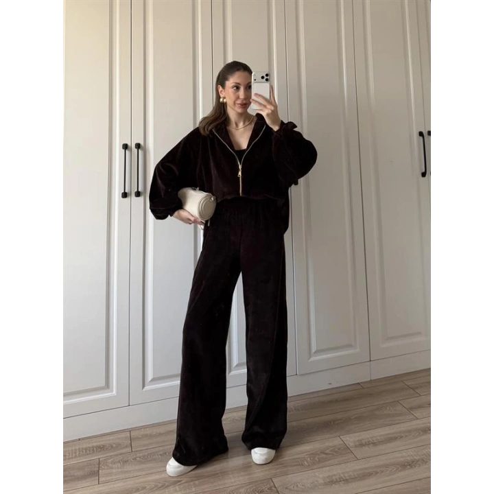 Üçlü Premium Kahve Kadife Takım