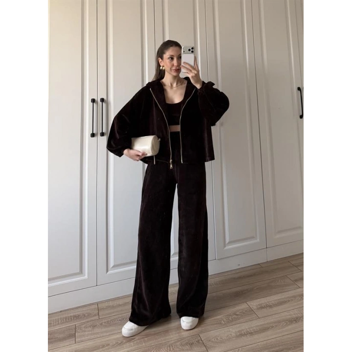 Üçlü Premium Kahve Kadife Takım