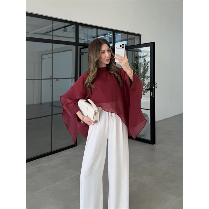 Uçuşan Pelerin Bordo Tül Bluz