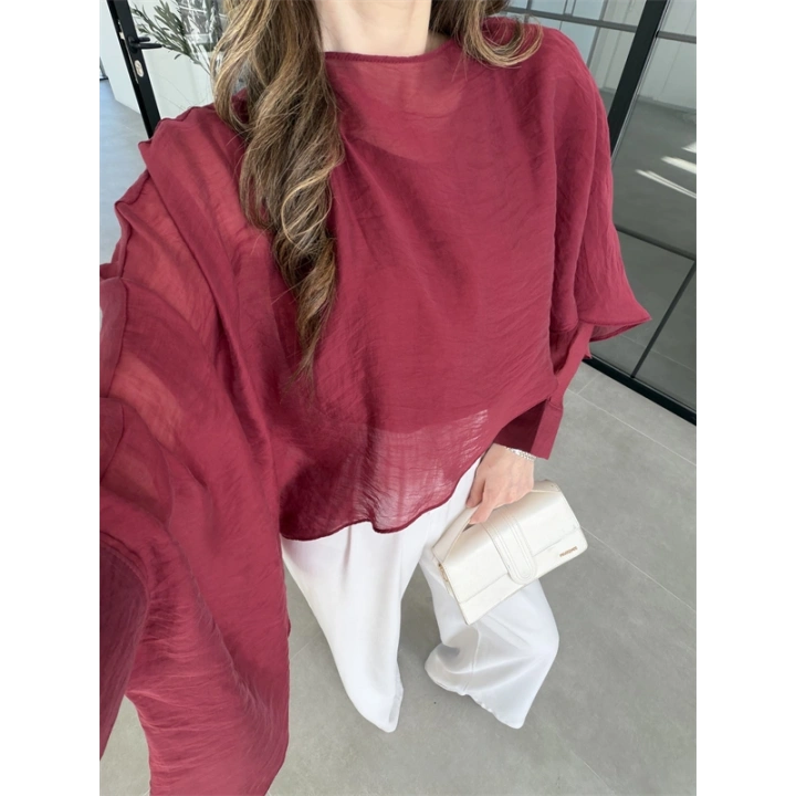 Uçuşan Pelerin Bordo Tül Bluz