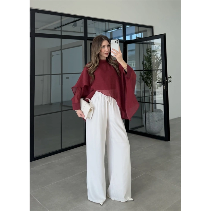 Uçuşan Pelerin Bordo Tül Bluz