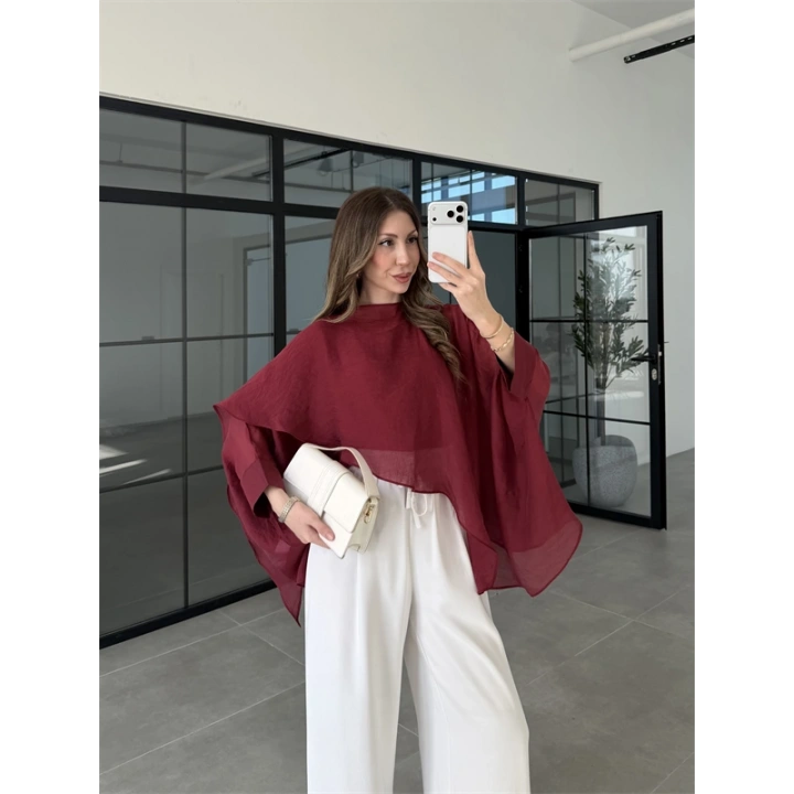 Uçuşan Pelerin Bordo Tül Bluz