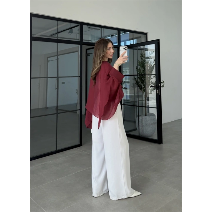 Uçuşan Pelerin Bordo Tül Bluz