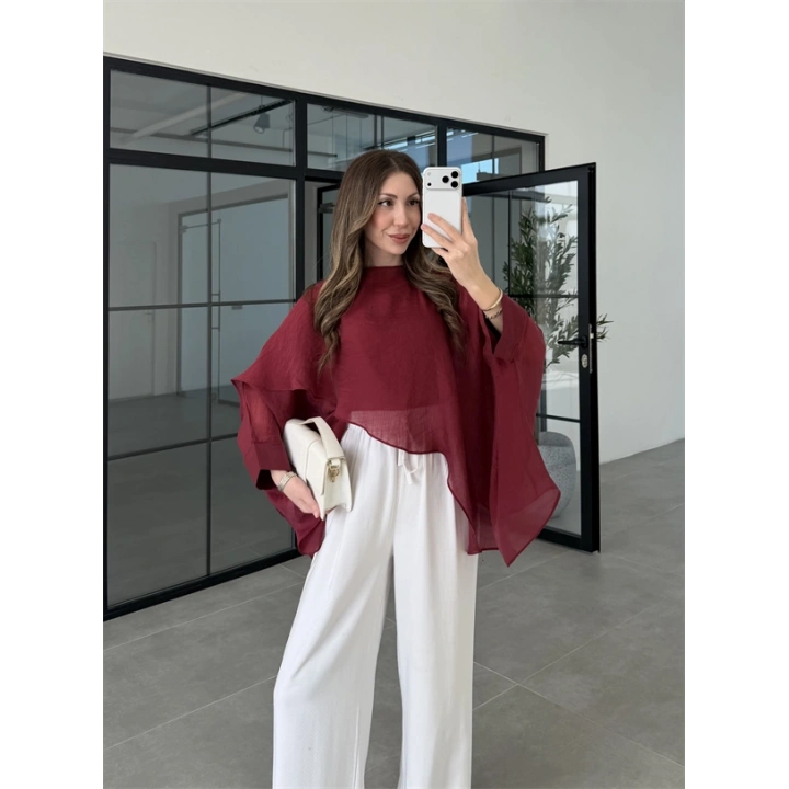 Uçuşan Pelerin Bordo Tül Bluz