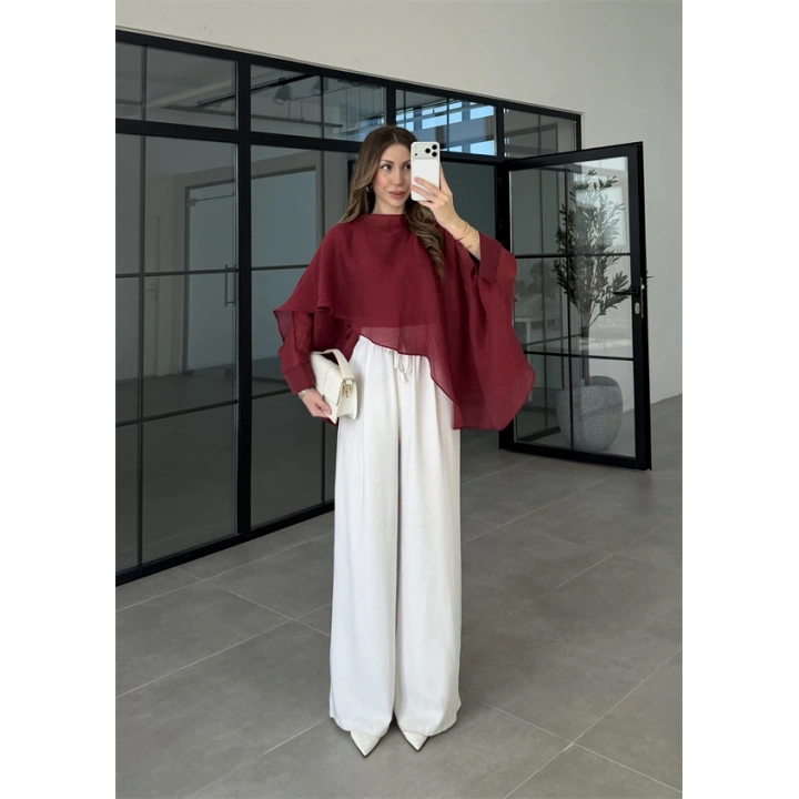 Uçuşan Pelerin Bordo Tül Bluz