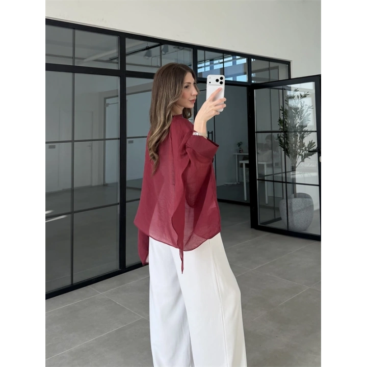 Uçuşan Pelerin Bordo Tül Bluz