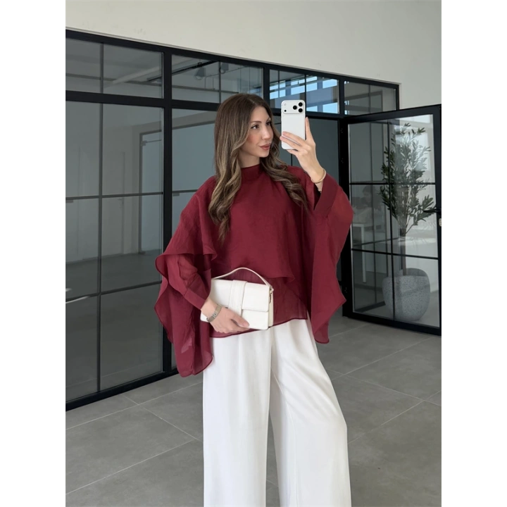 Uçuşan Pelerin Bordo Tül Bluz