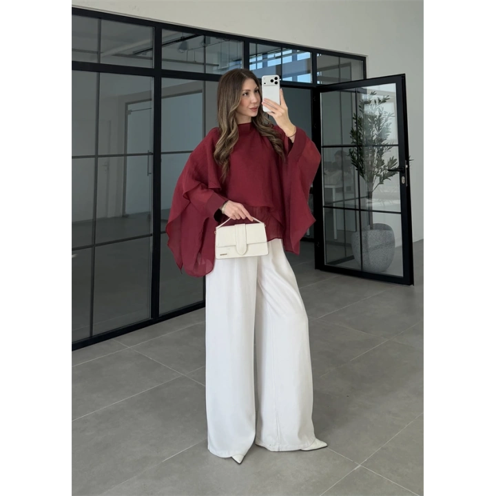 Uçuşan Pelerin Bordo Tül Bluz
