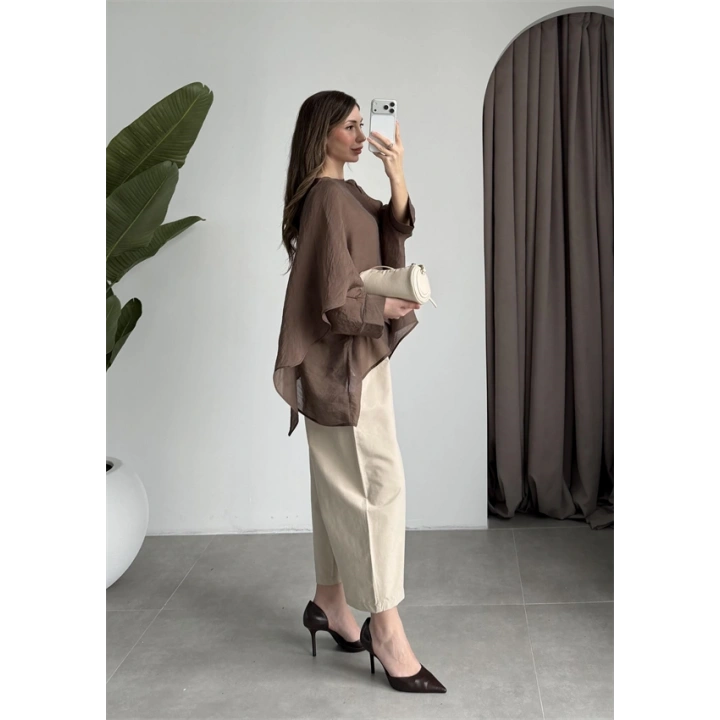 Uçuşan Pelerin Kahve Tül Bluz
