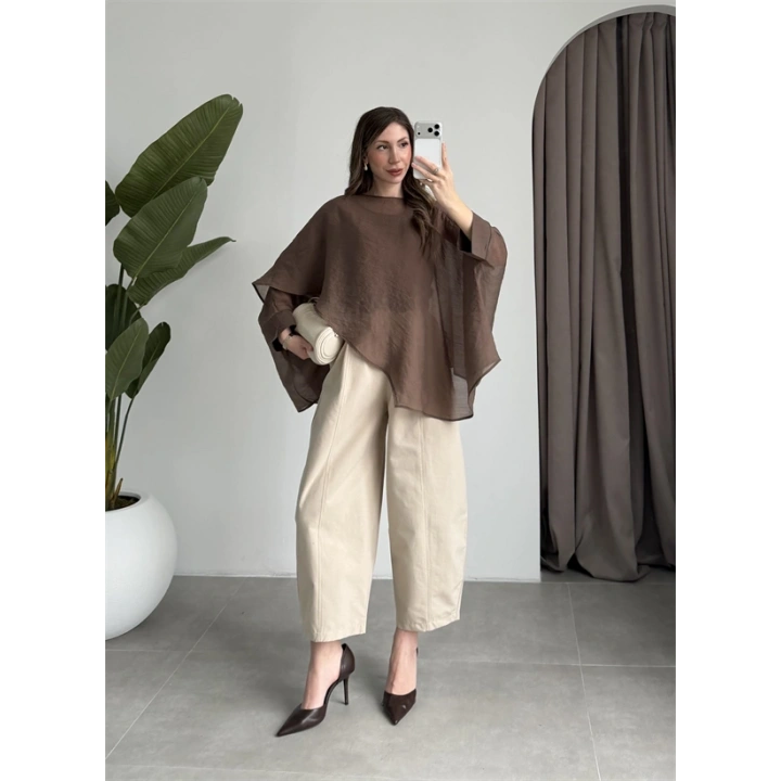 Uçuşan Pelerin Kahve Tül Bluz