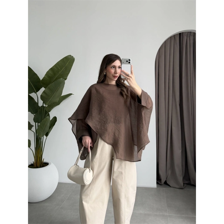 Uçuşan Pelerin Kahve Tül Bluz
