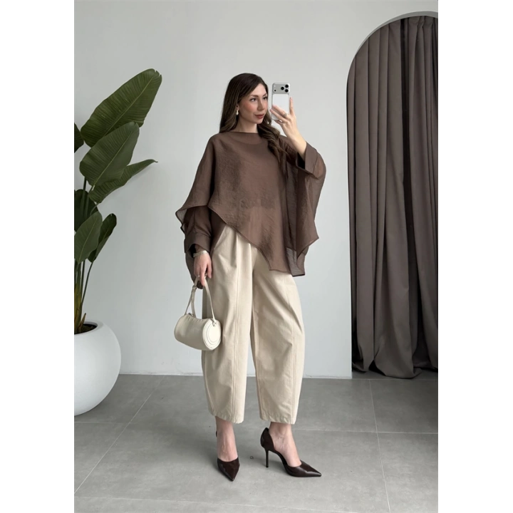 Uçuşan Pelerin Kahve Tül Bluz