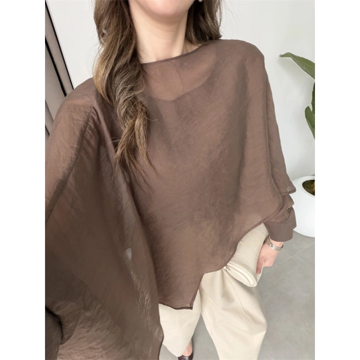 Uçuşan Pelerin Kahve Tül Bluz