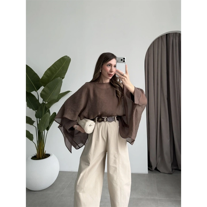 Uçuşan Pelerin Kahve Tül Bluz