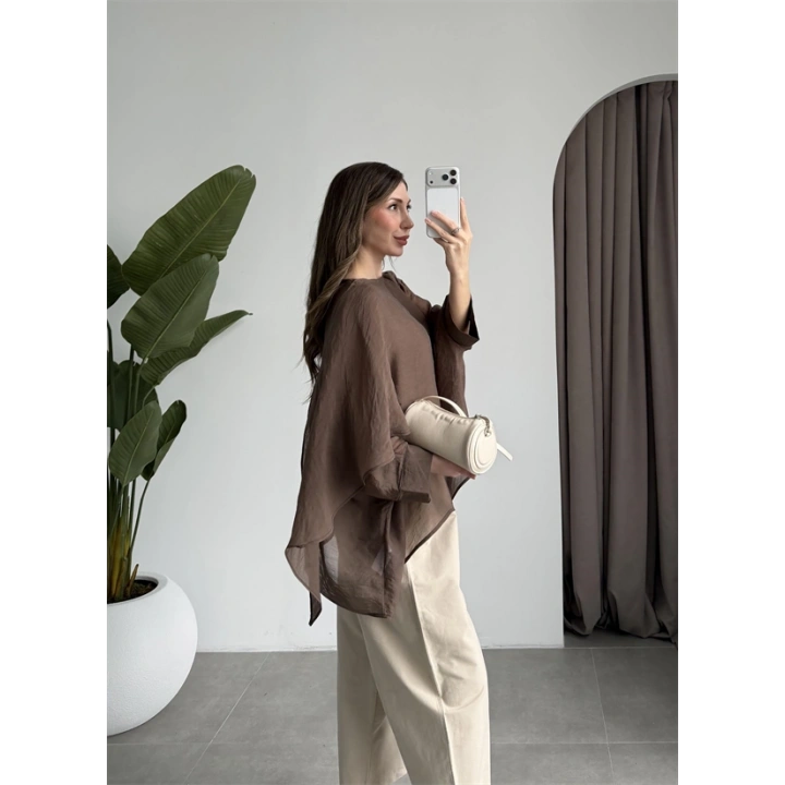 Uçuşan Pelerin Kahve Tül Bluz