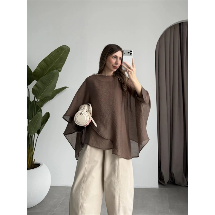 Uçuşan Pelerin Kahve Tül Bluz