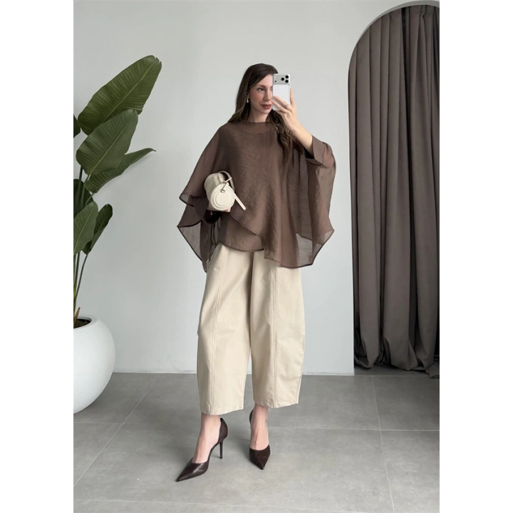 Uçuşan Pelerin Kahve Tül Bluz
