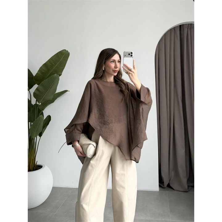 Uçuşan Pelerin Kahve Tül Bluz