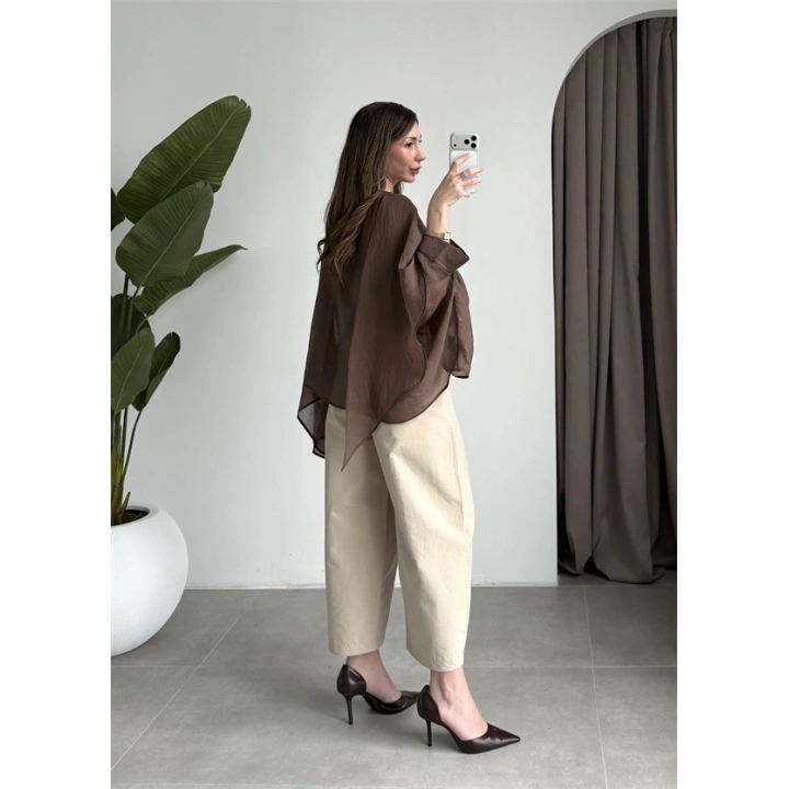 Uçuşan Pelerin Kahve Tül Bluz