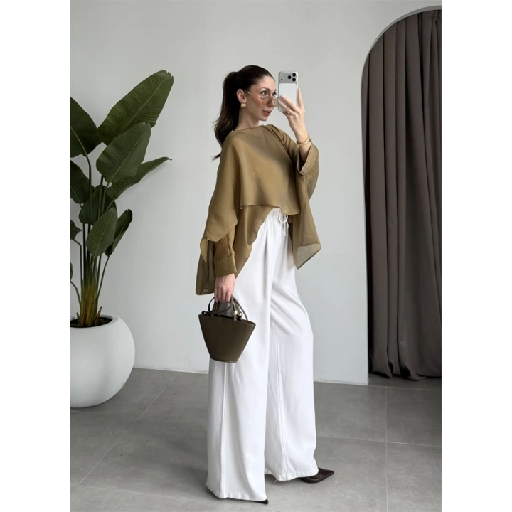 Uçuşan Pelerin Olive Tül Bluz