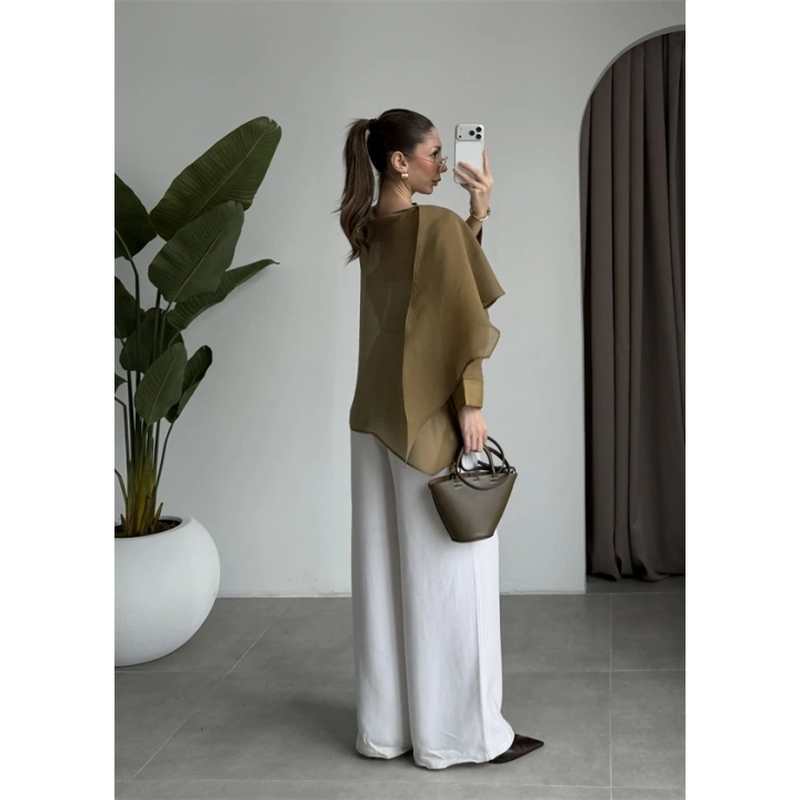 Uçuşan Pelerin Olive Tül Bluz