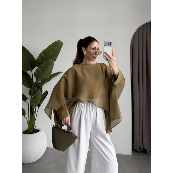 Uçuşan Pelerin Olive Tül Bluz