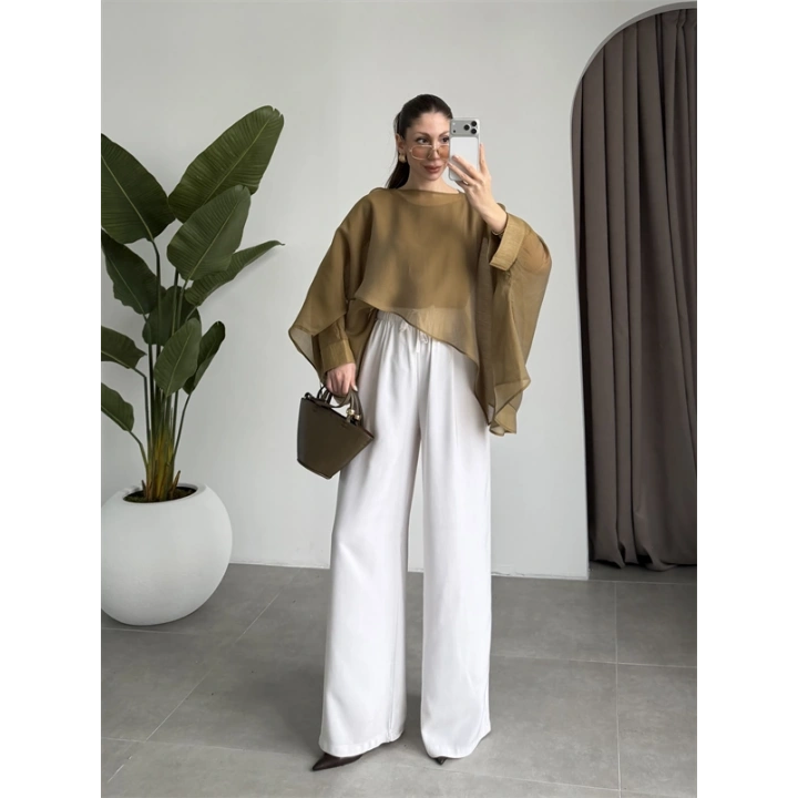 Uçuşan Pelerin Olive Tül Bluz