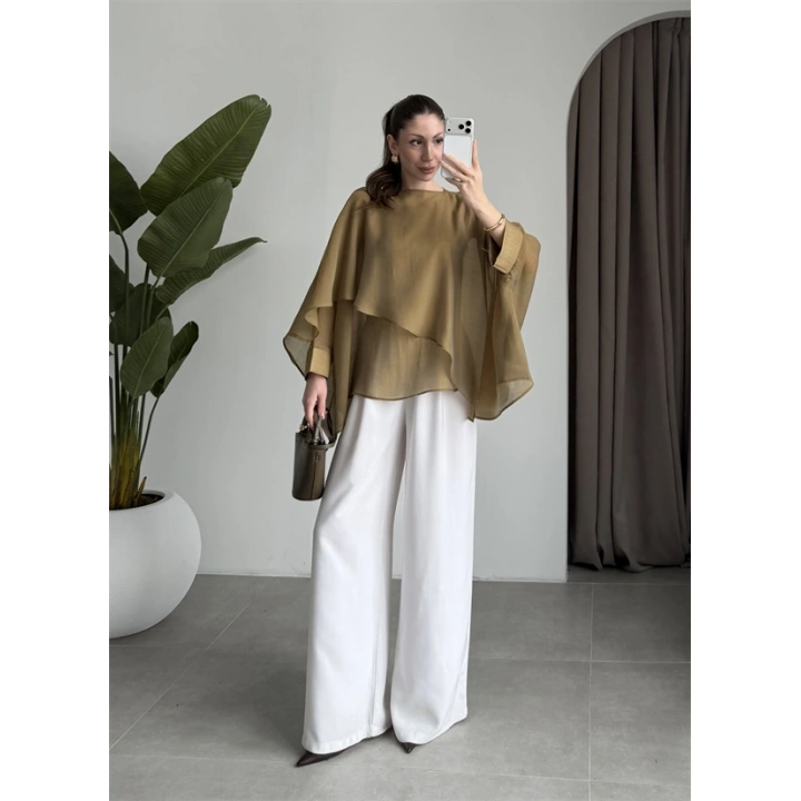 Uçuşan Pelerin Olive Tül Bluz