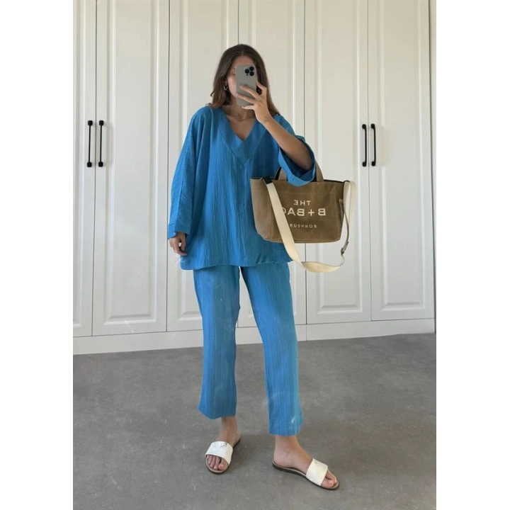 V Yaka Saks Mavi Gofre Takım