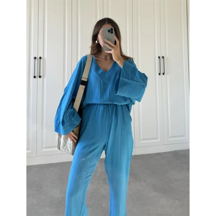 V Yaka Saks Mavi Gofre Takım