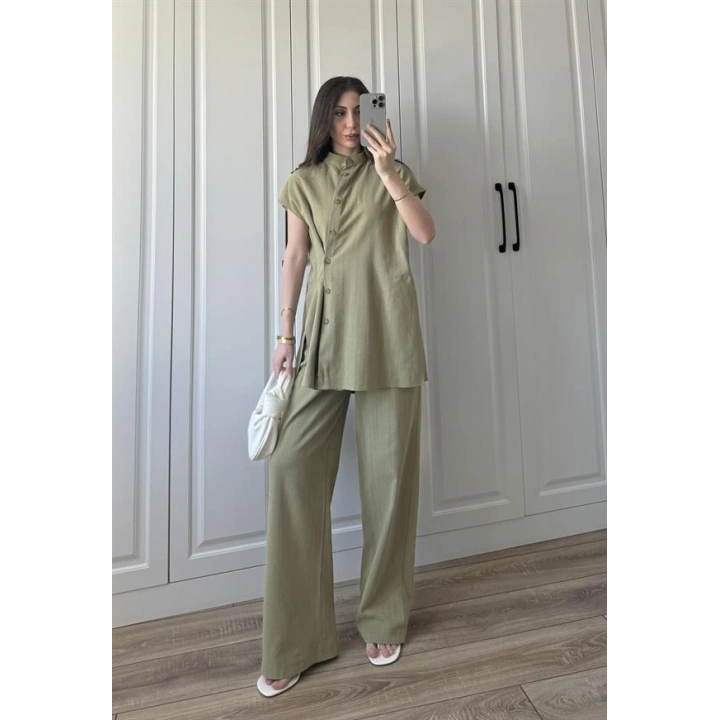 Vanda Tasarım Yan Düğmeli Çağla Keten Takım
