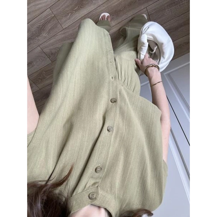 Vanda Tasarım Yan Düğmeli Çağla Keten Takım