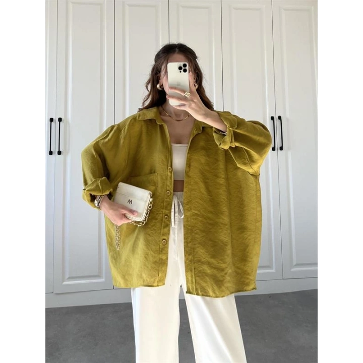 Yağ Yeşili Oversize Tensel Gömlek