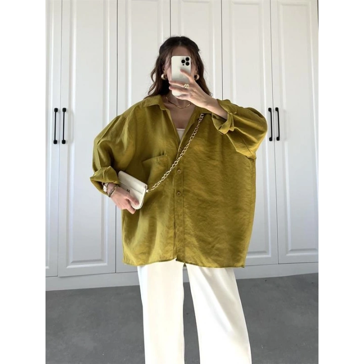 Yağ Yeşili Oversize Tensel Gömlek