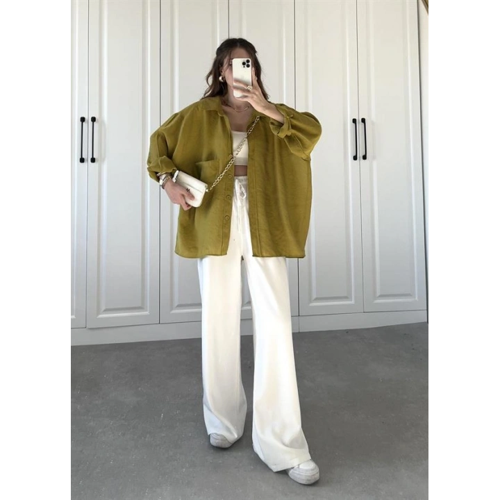 Yağ Yeşili Oversize Tensel Gömlek