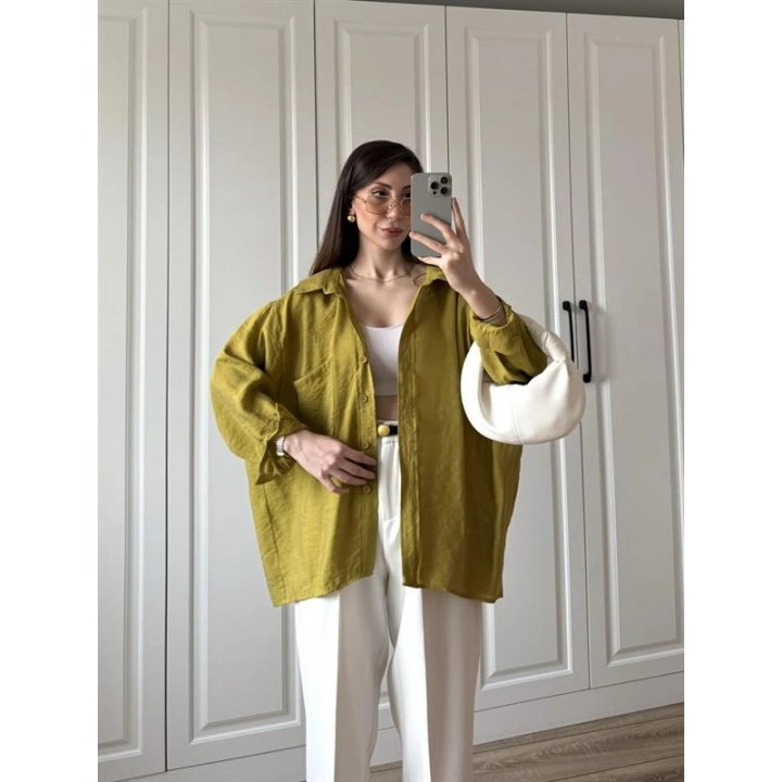 Yağ Yeşili Oversize Tensel Gömlek