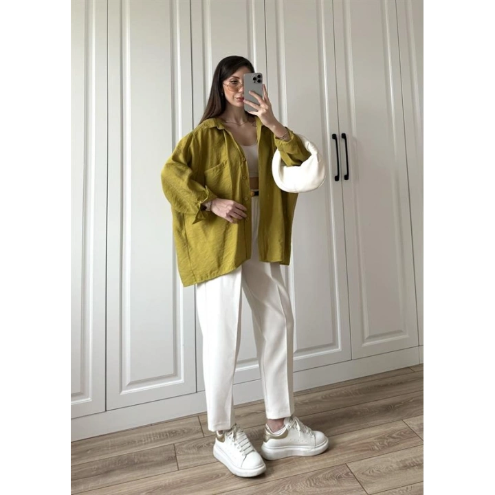Yağ Yeşili Oversize Tensel Gömlek