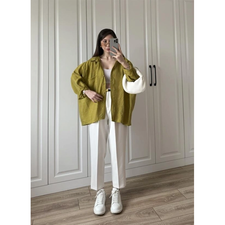 Yağ Yeşili Oversize Tensel Gömlek