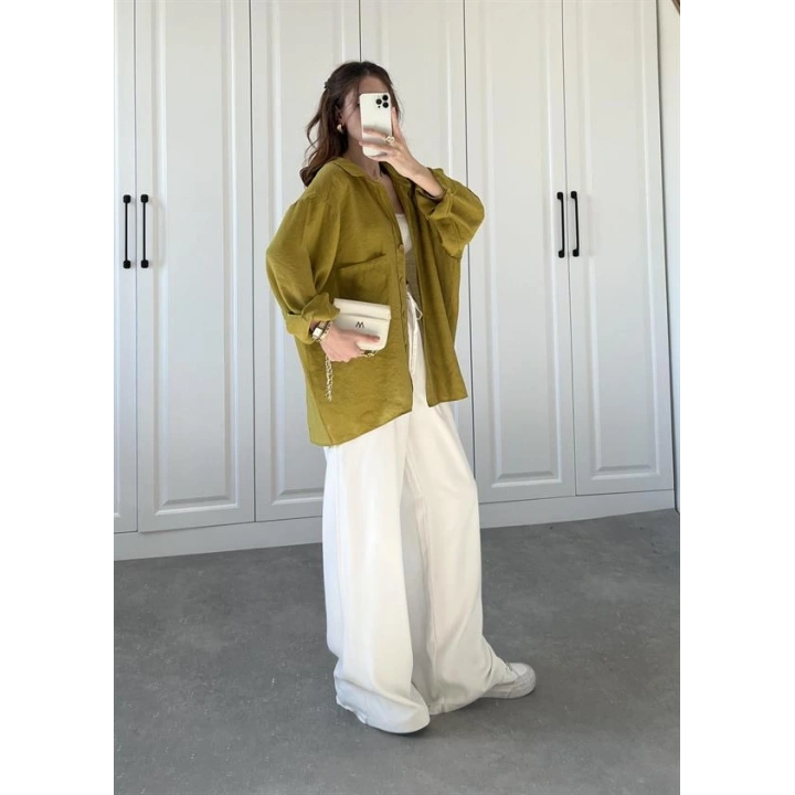 Yağ Yeşili Oversize Tensel Gömlek