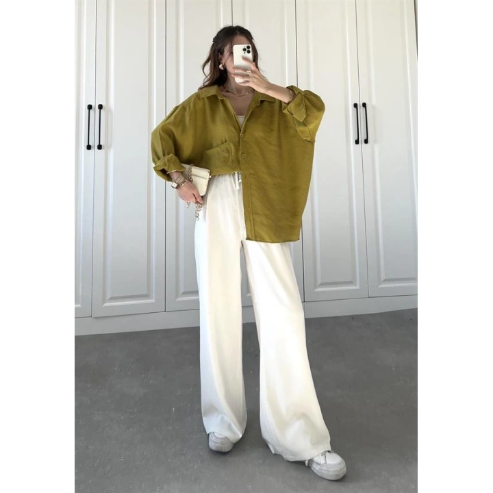 Yağ Yeşili Oversize Tensel Gömlek