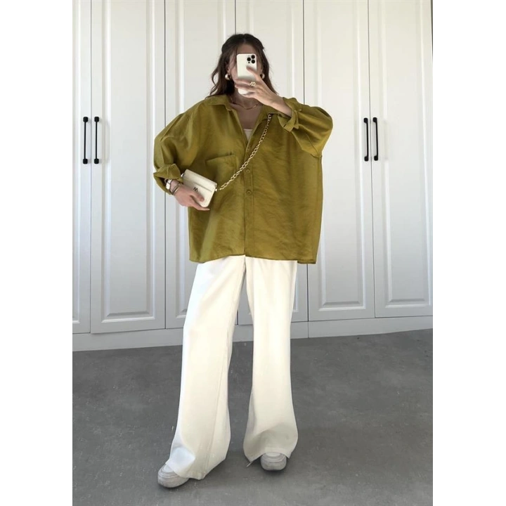 Yağ Yeşili Oversize Tensel Gömlek