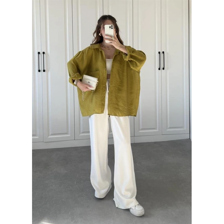 Yağ Yeşili Oversize Tensel Gömlek