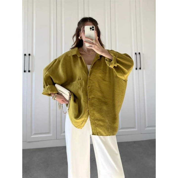 Yağ Yeşili Oversize Tensel Gömlek