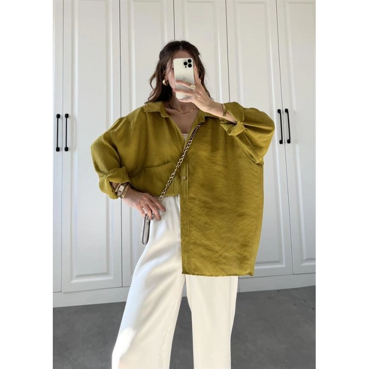Yağ Yeşili Oversize Tensel Gömlek