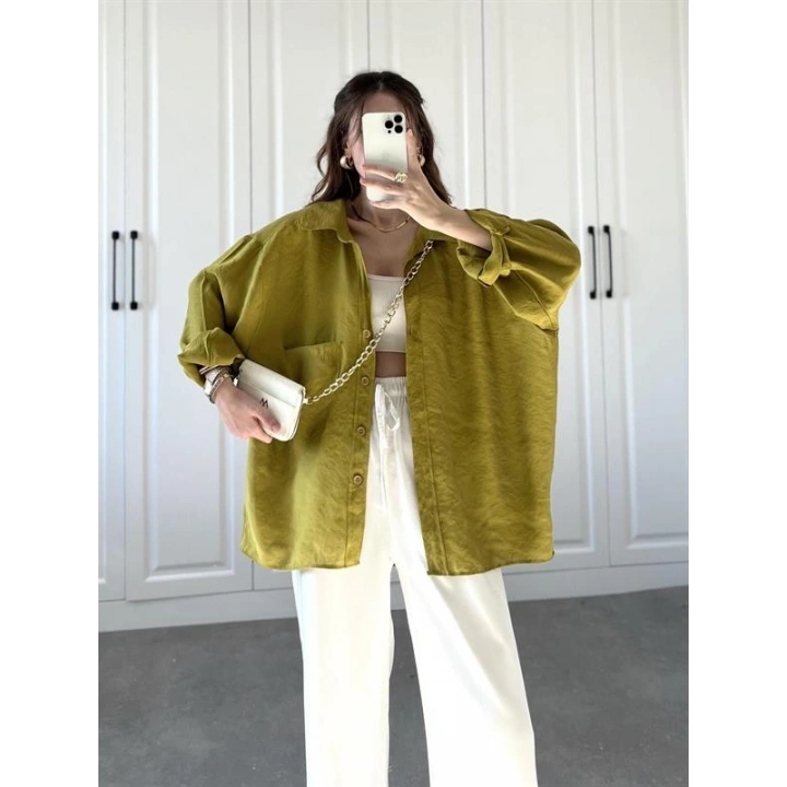Yağ Yeşili Oversize Tensel Gömlek